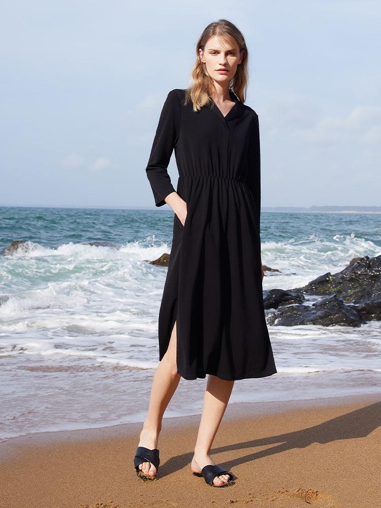 Black Triacetate Gathered Waist Woven Dress GOELIA