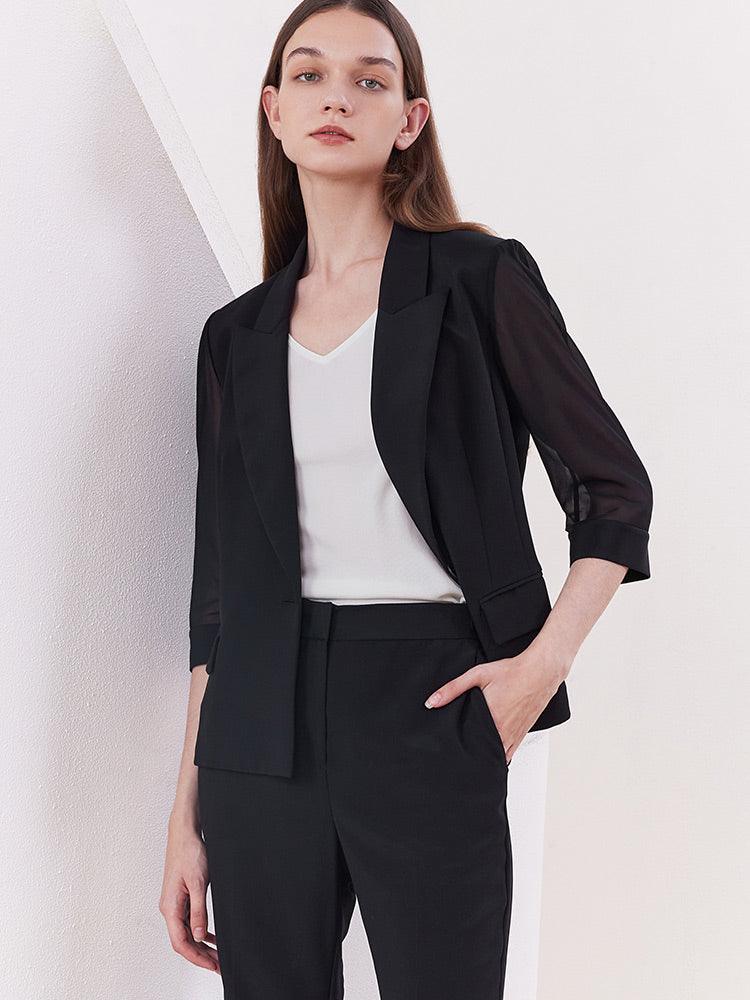 Black Slim Patchwork Sleeve Blazer GOELIA