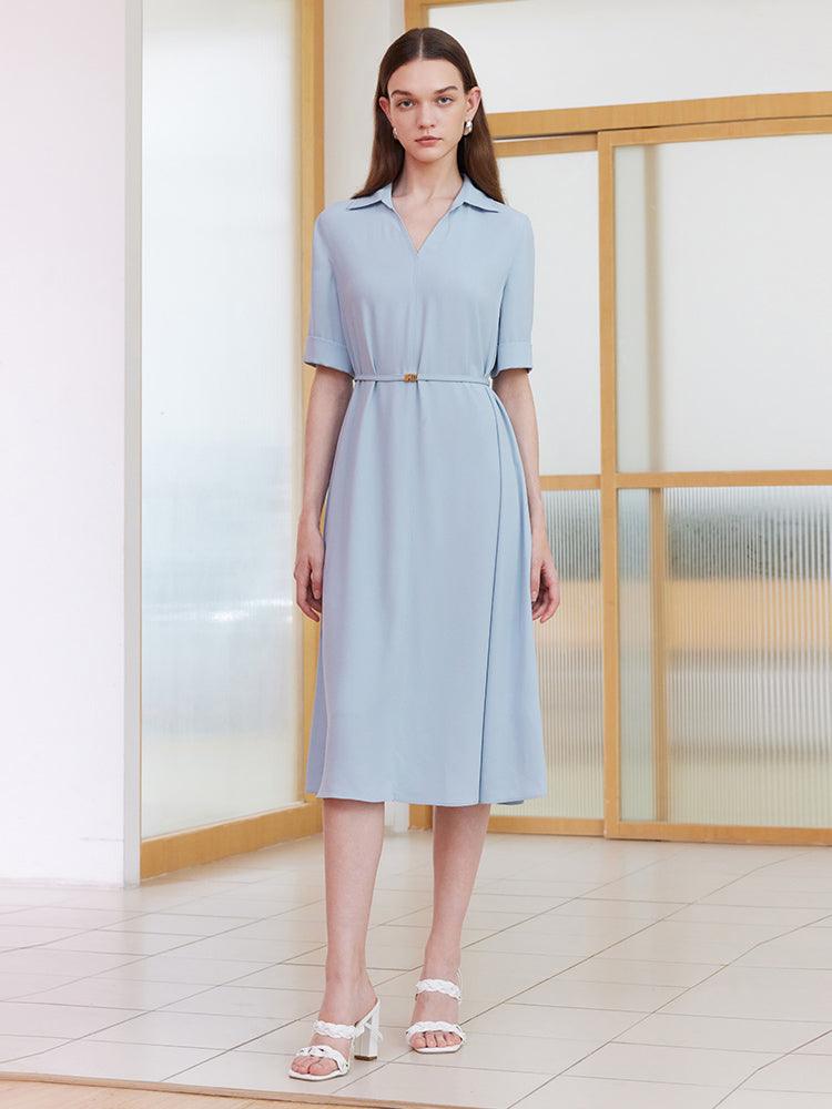 Blue V-neck Lapel Dress With Belt GOELIA