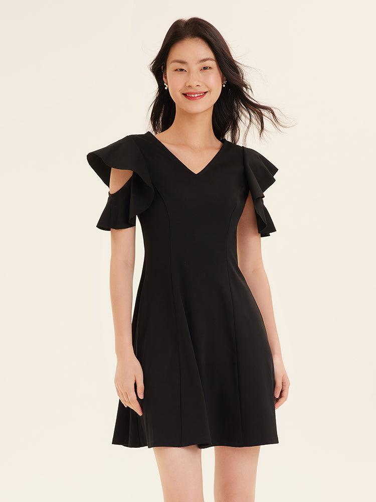 Ruffle Sleeve V-Neck Knit Dress