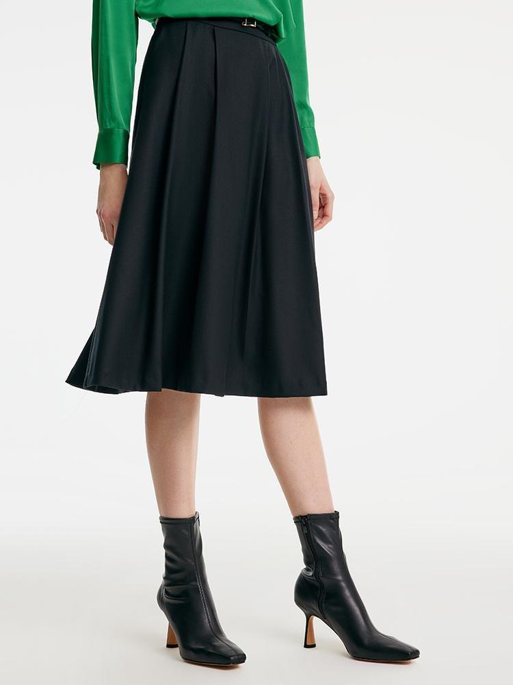 Worsted Wool A-shaped Half Skirt With Leather Belt GOELIA