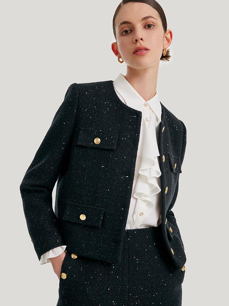 Elegant Black Tweed Cropped Jacket GOELIA