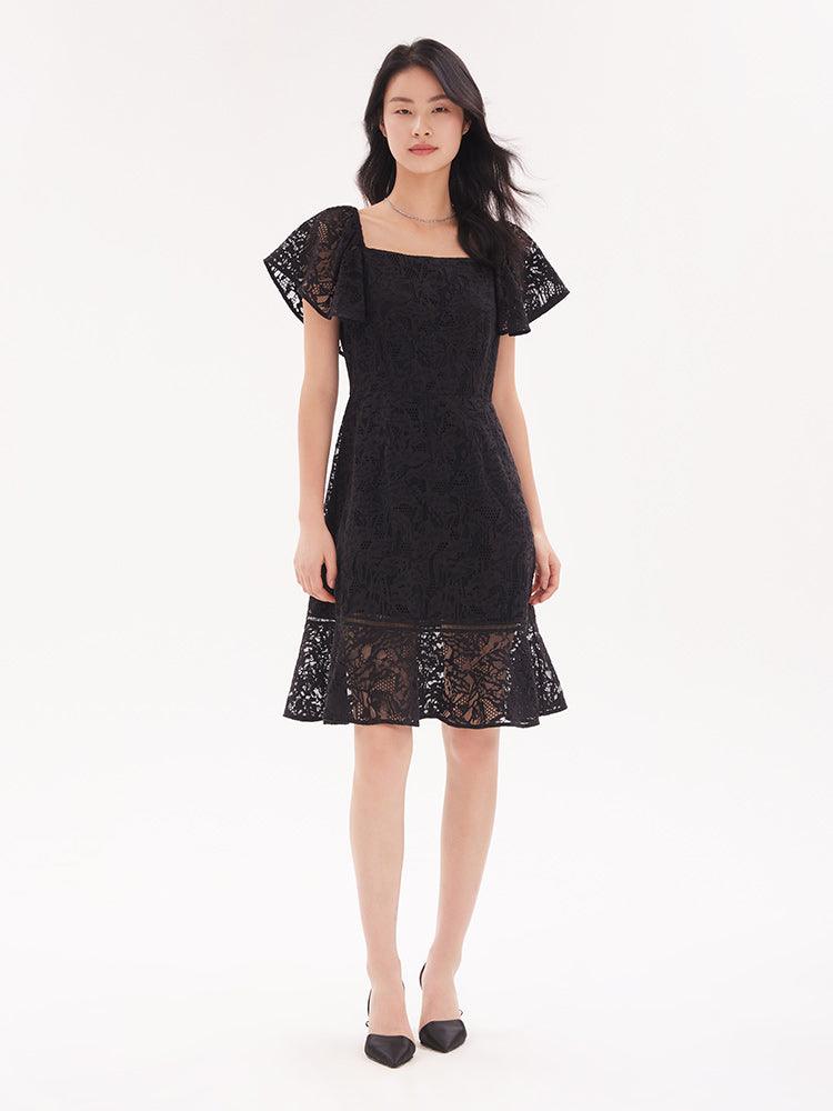 Black Square Neck Lace Slim Dress GOELIA