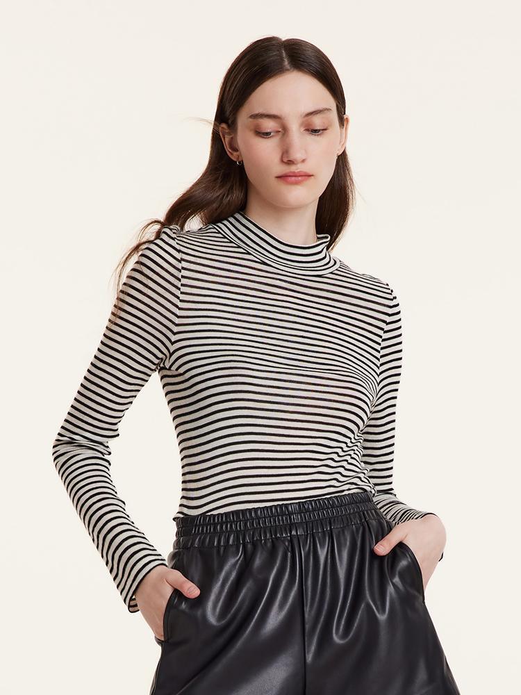 Washable Wool Striped Mock Neck Slim Sweater GOELIA