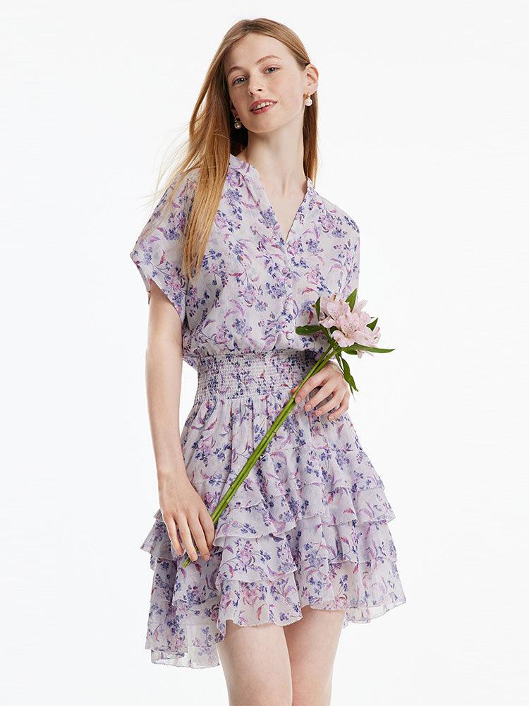 Purple Floral Gathered Waist Dress GOELIA