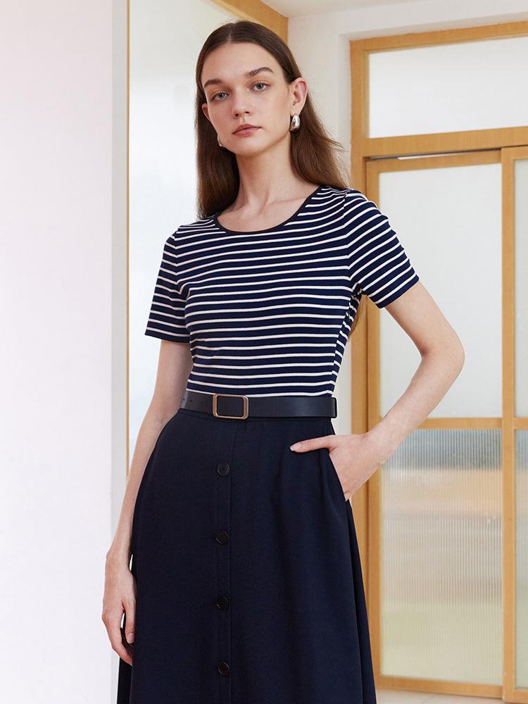 Stripe Patchwork Dress With Belt GOELIA