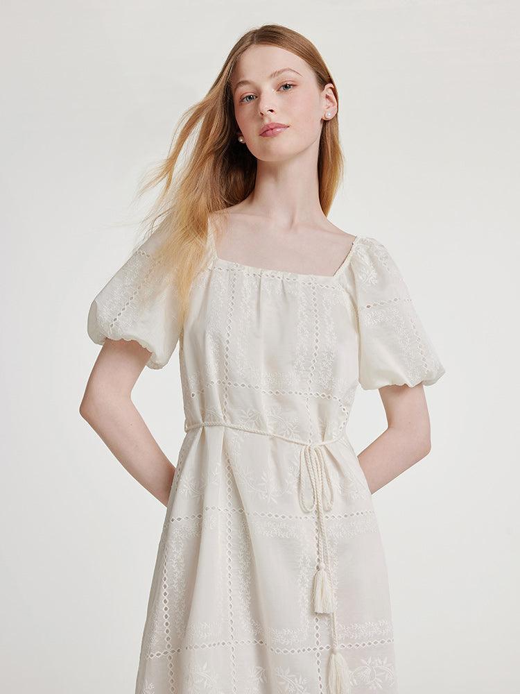 Square Neck Embroidered Dress With Belt GOELIA