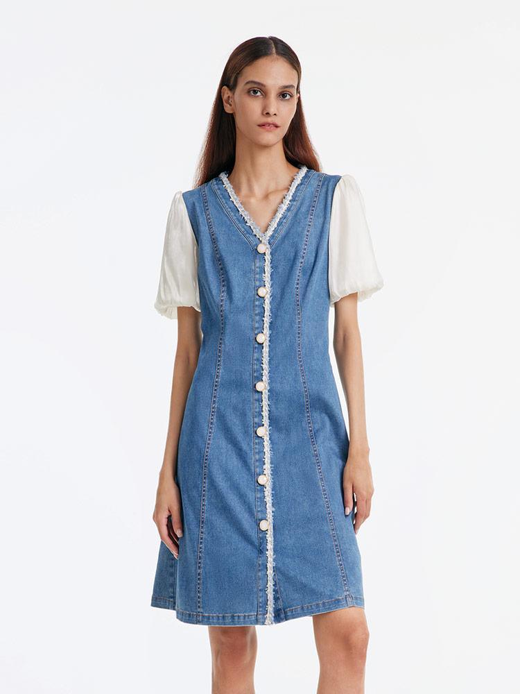 Denim Patchwork Tweed V-Neck Midi Dress