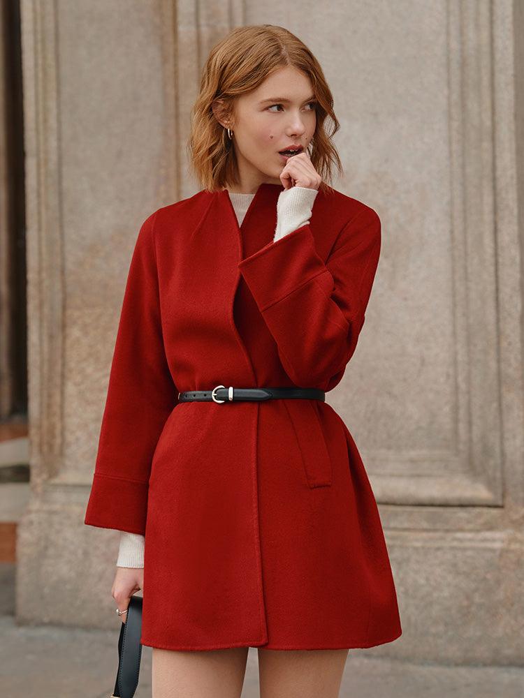 Chili Red Woolen Coat with Belt GOELIA