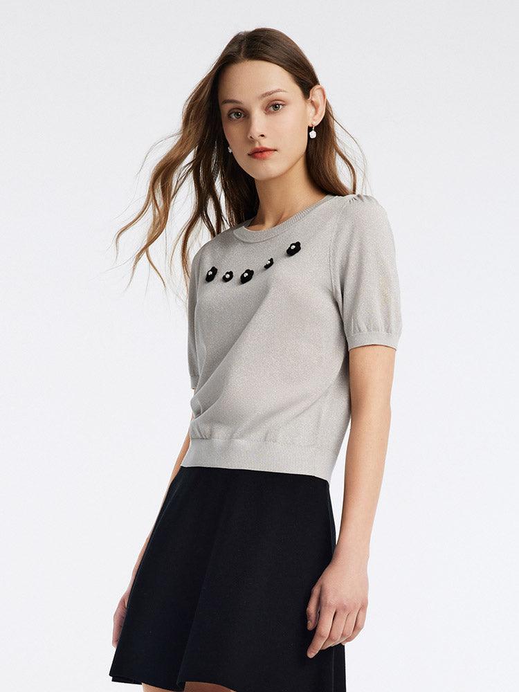 Grey Round Neck Mulberry Silk Knit Top GOELIA