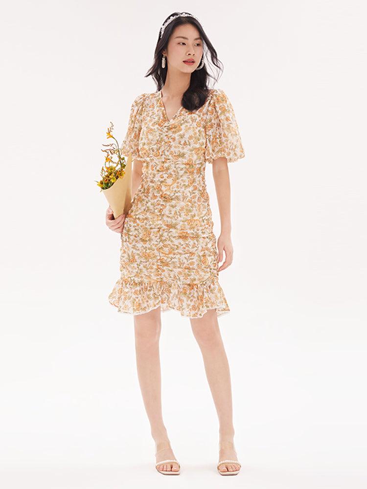 Ruched V-Neck Puff Sleeve Floral Dress GOELIA