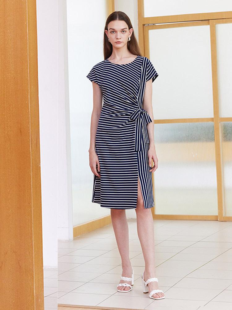 Navy Blue Stripe Wrap Dress GOELIA