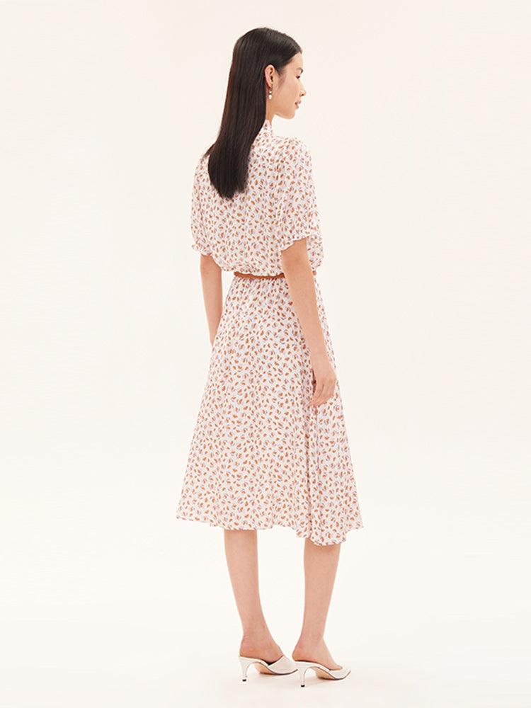 Ruffle Collar Printed Gathered Waist Dress GOELIA