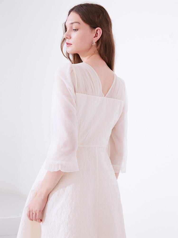 White Mesh Half-Sleeve V-neck Jacquard Dress GOELIA