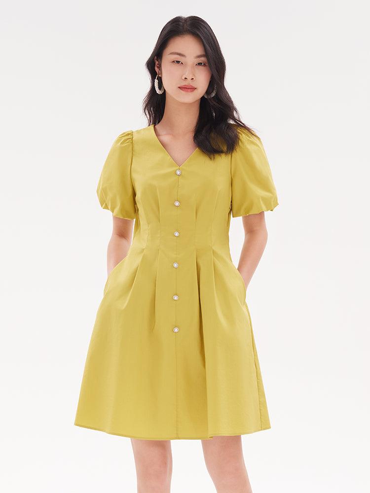 Fitted Waist & V-Neck Cotton Dress GOELIA