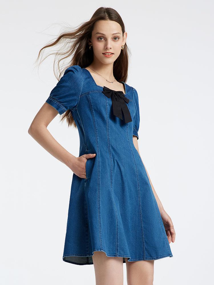 Denim Dress With Removable Bowknot GOELIA