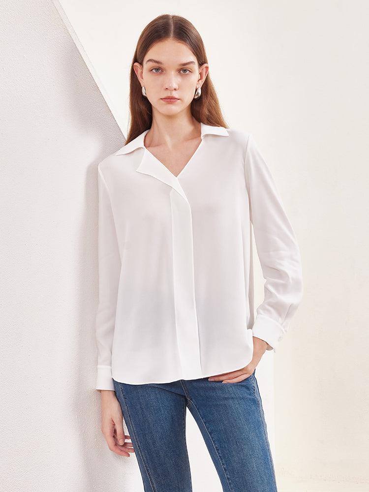 White Asymmetric Collar Woven Blouse GOELIA