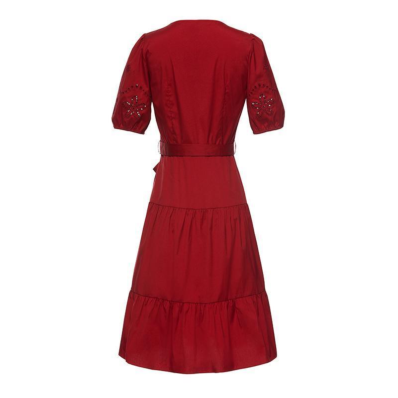 Chili Red Embroidered V-Neck Waist-Skimming Dress GOELIA