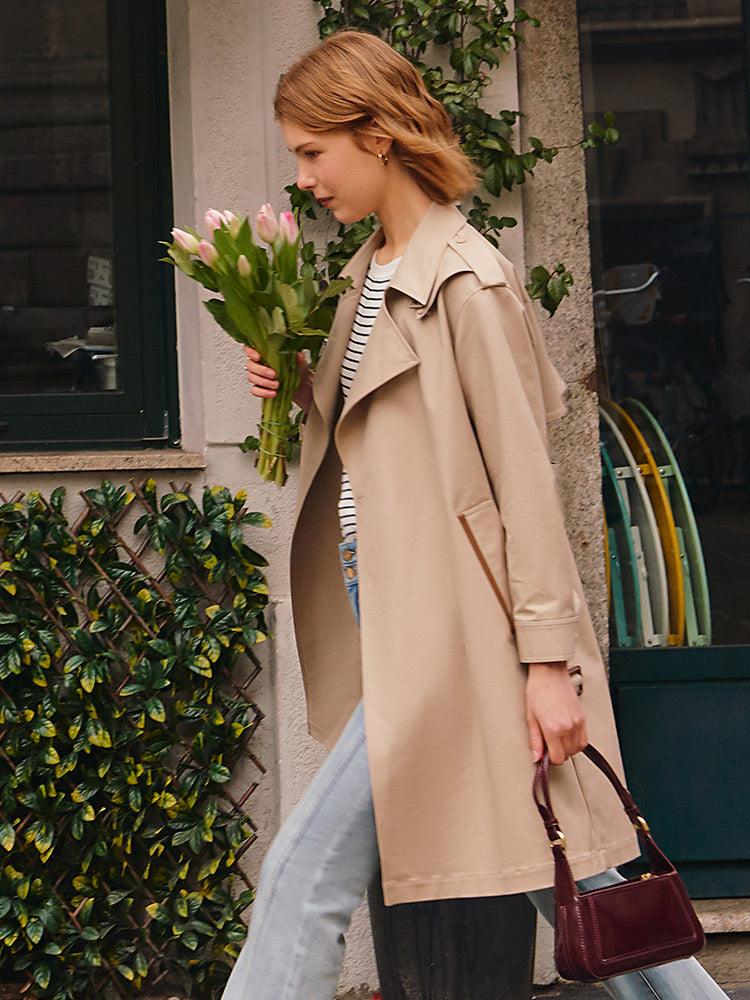 Classic Khaki Lether Trench Coat GOELIA