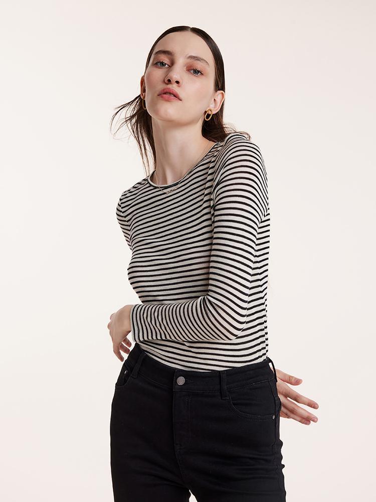 Washable Wool Striped Round Neck Sheath Sweater GOELIA