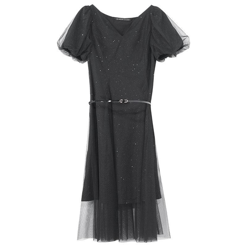 Black V-Neck Mesh Princess Sleeve Dress GOELIA