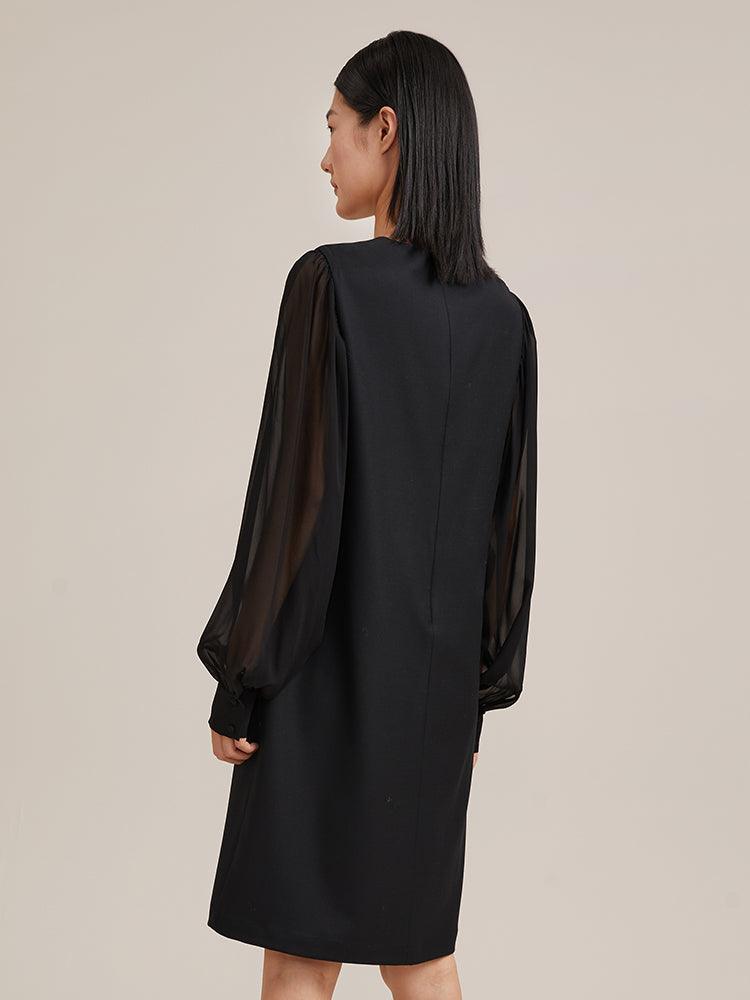 Black See-Through Sleeve Worsted Wool Dress GOELIA