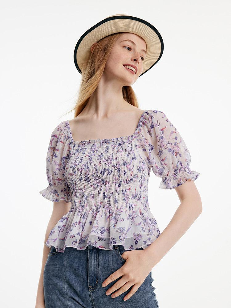 Purple Floral Off-Shoulder Ruffle Top GOELIA