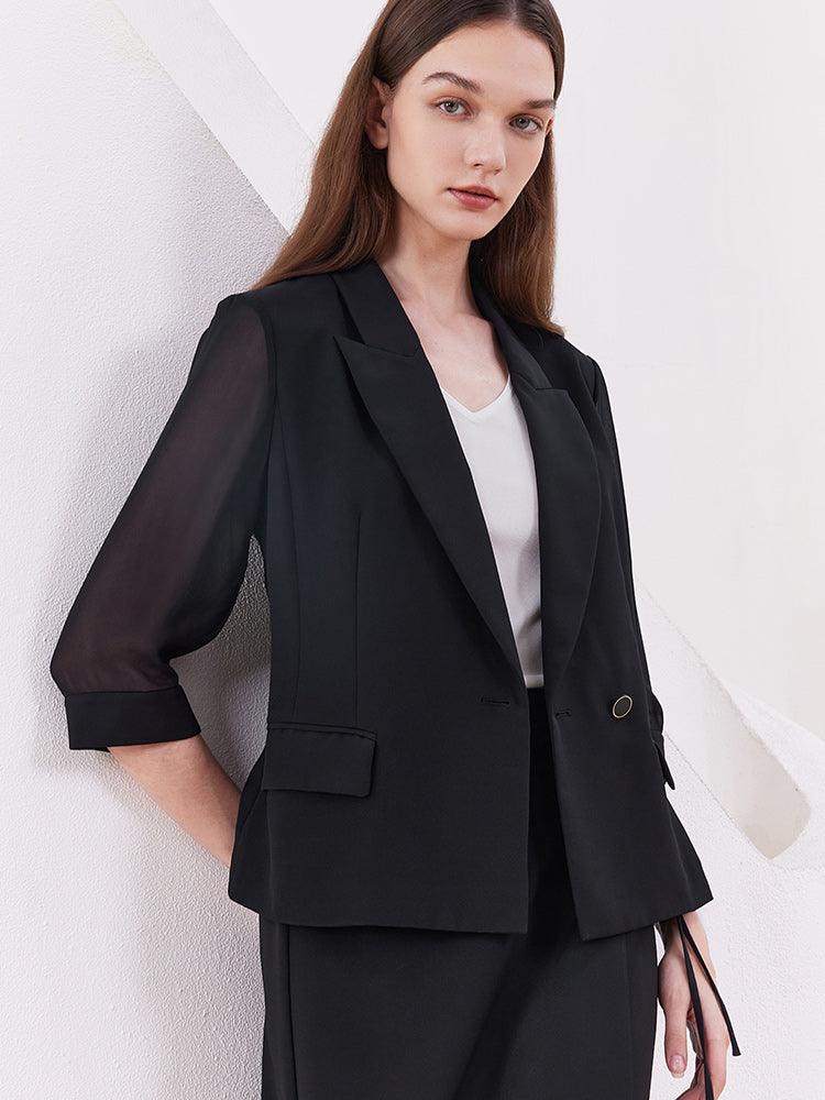 Black Slim Patchwork Sleeve Blazer GOELIA