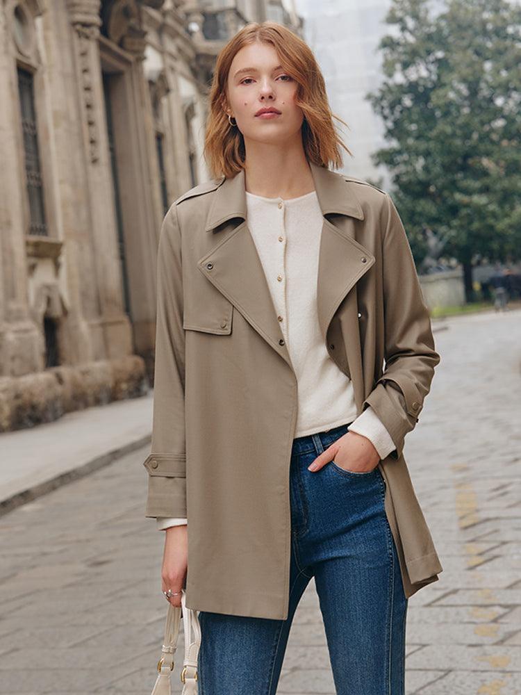 Dusty Olive Worsted Wool Lapel Crop Trench Coat GOELIA