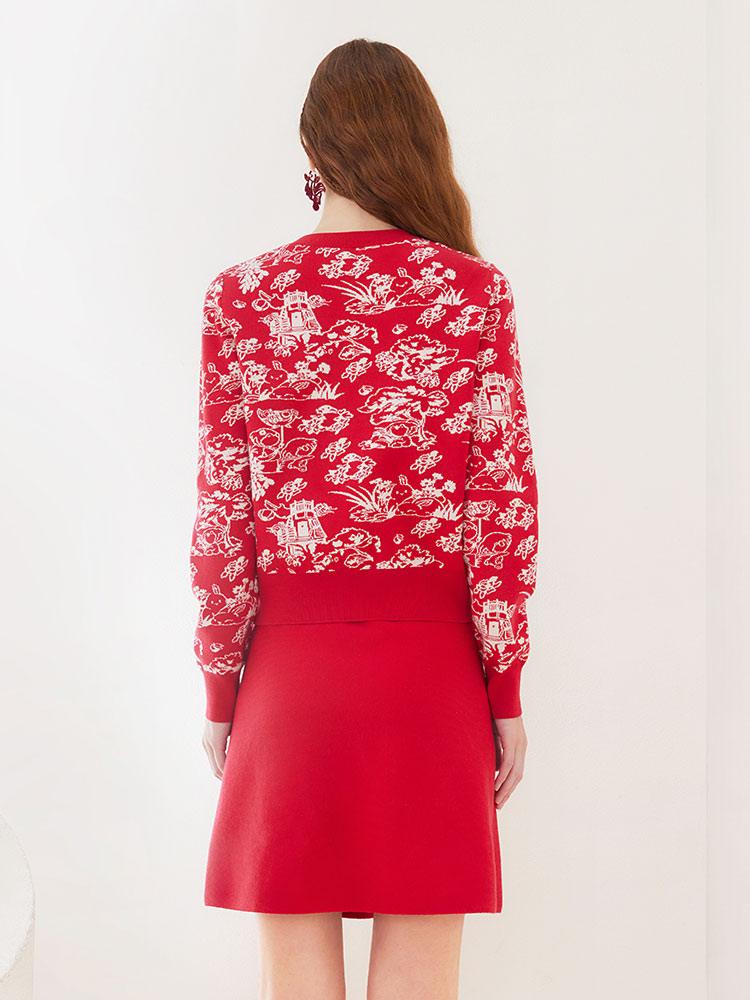 Red Floral Jacquard Suit Cardigan&Skirt GOELIA