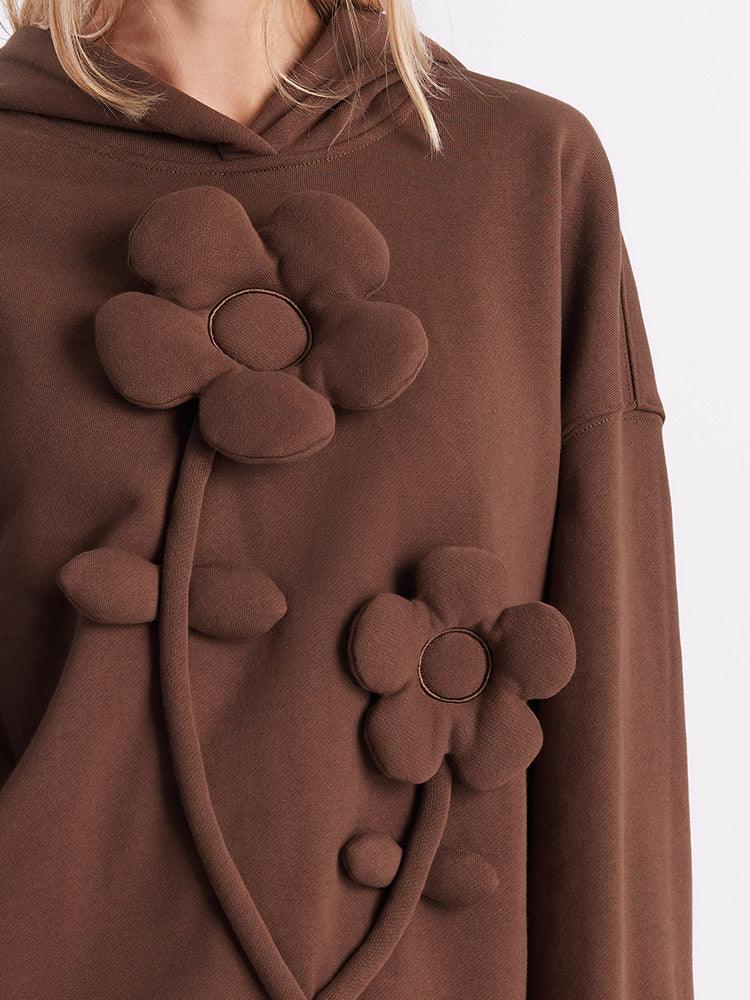 Cocoa Brown 3D Floral Hoodie GOELIA