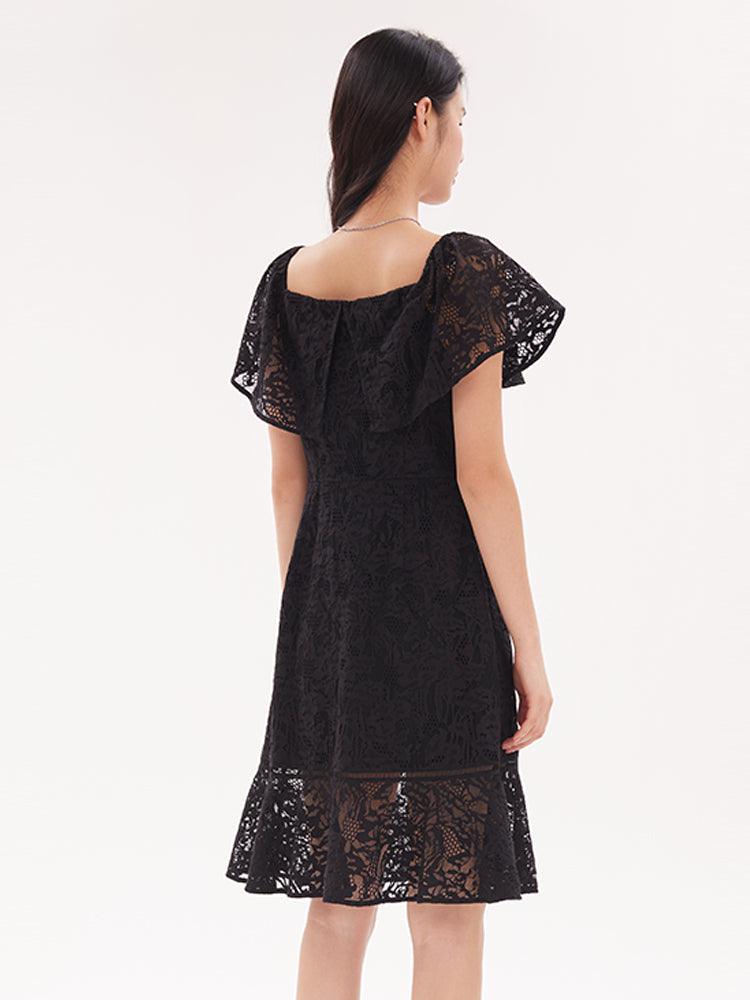 Black Square Neck Lace Slim Dress GOELIA