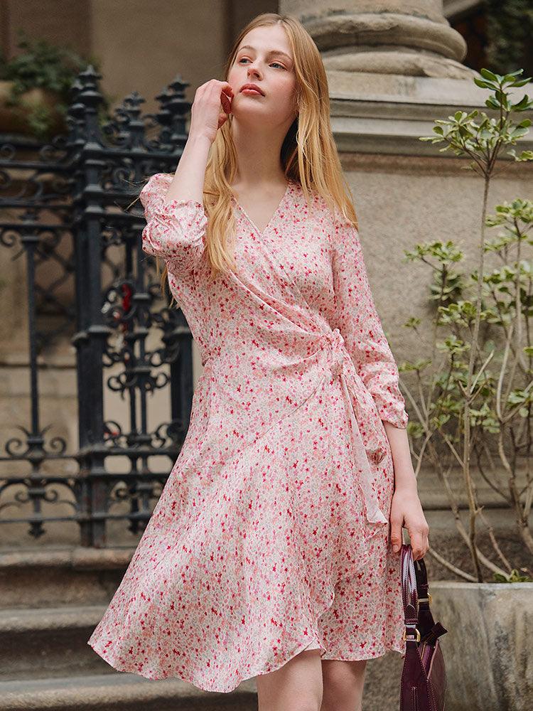 Pink Floral Hidden Button Wrap Dress GOELIA