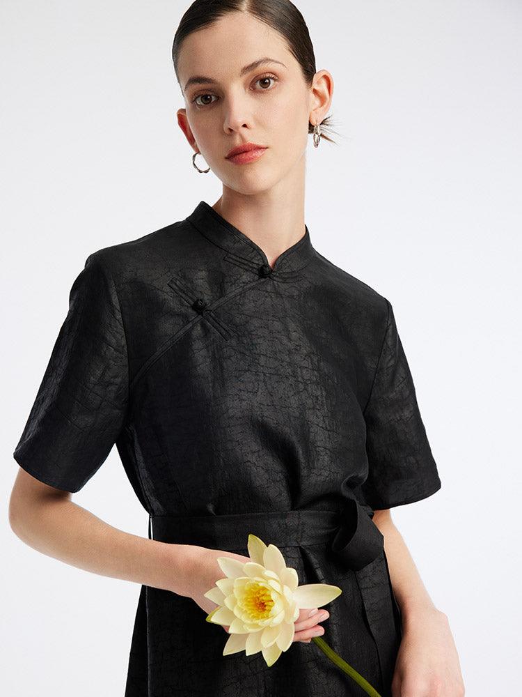 Black Cheongsam Mandarin Collar Xiang Yun Silk Dress GOELIA