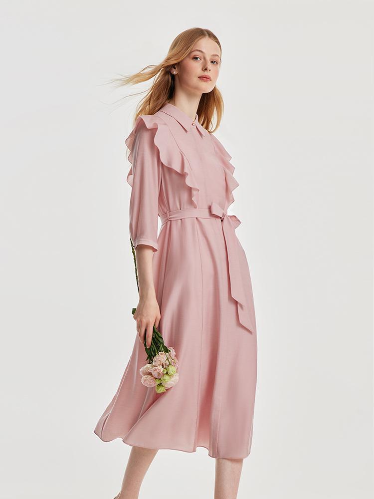 Ruffled Hem Acetate Dress With Belt GOELIA