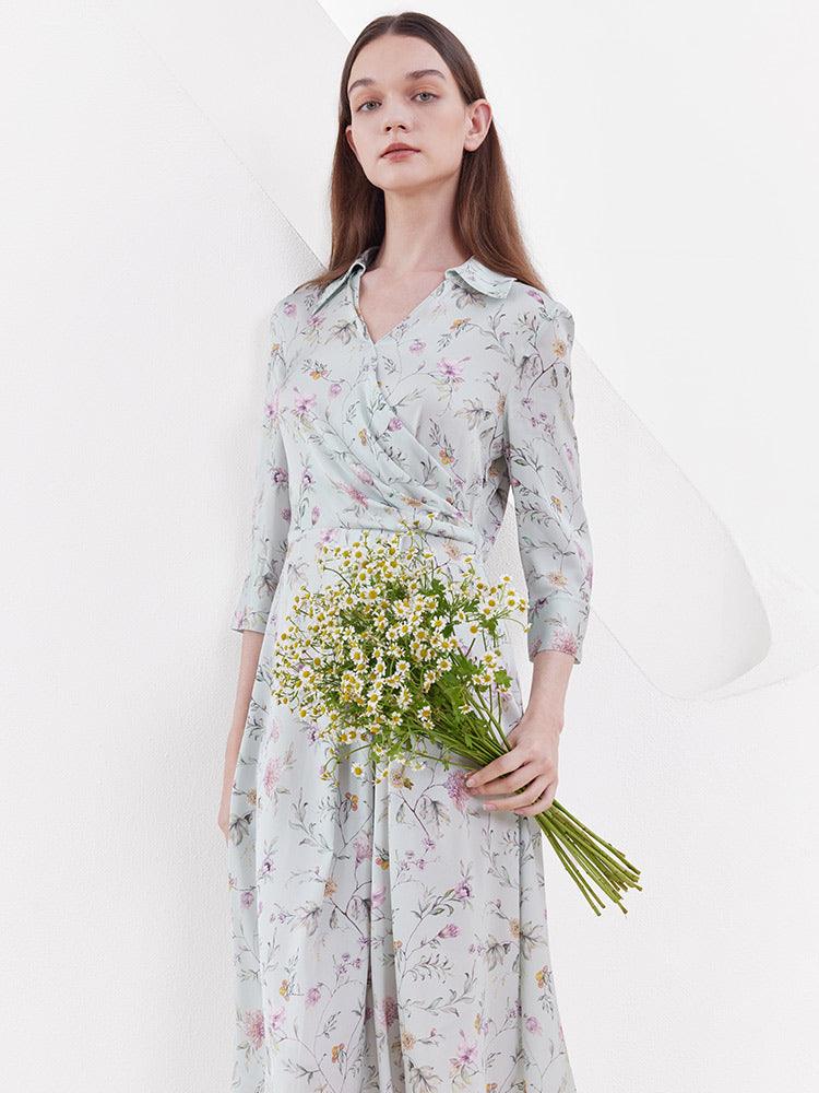 Green Mulberry Silk Floral V-neck Dress - goelia1995dev