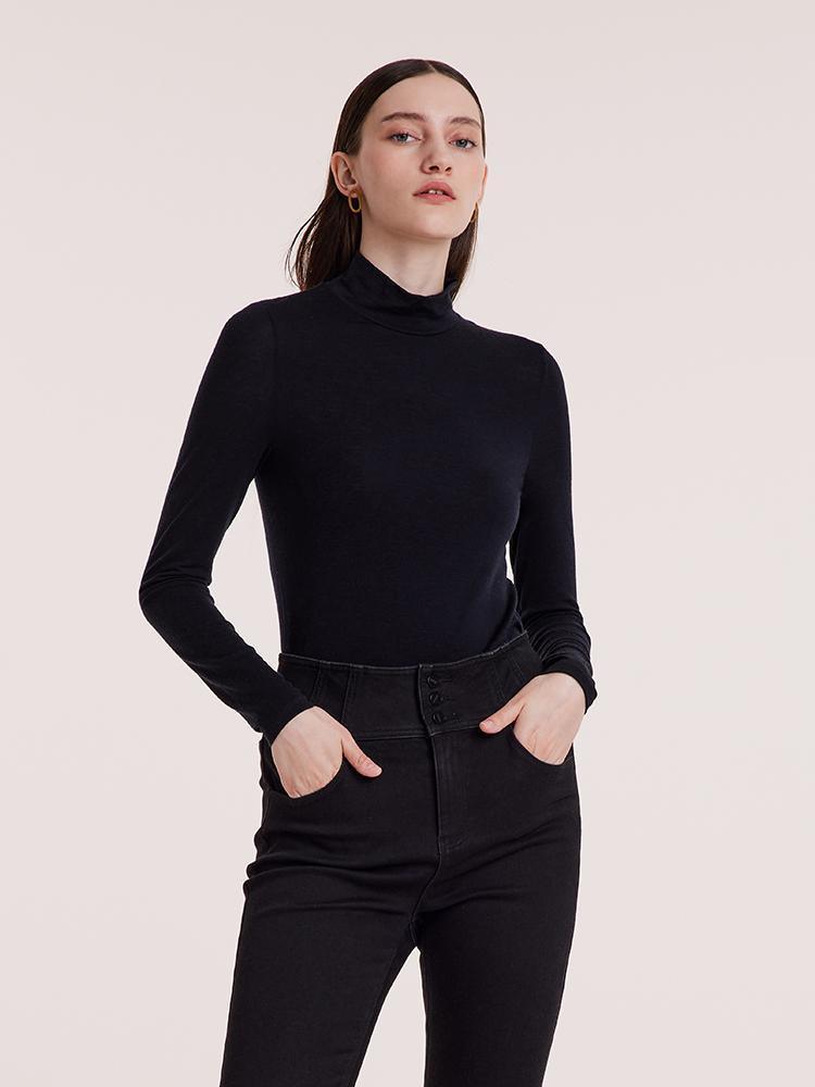 Pure Washable Wool Mock Neck Sheath Knit Sweater GOELIA