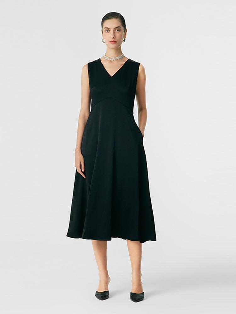 Black Triacetate Gathered Waist V-Neck Dress GOELIA