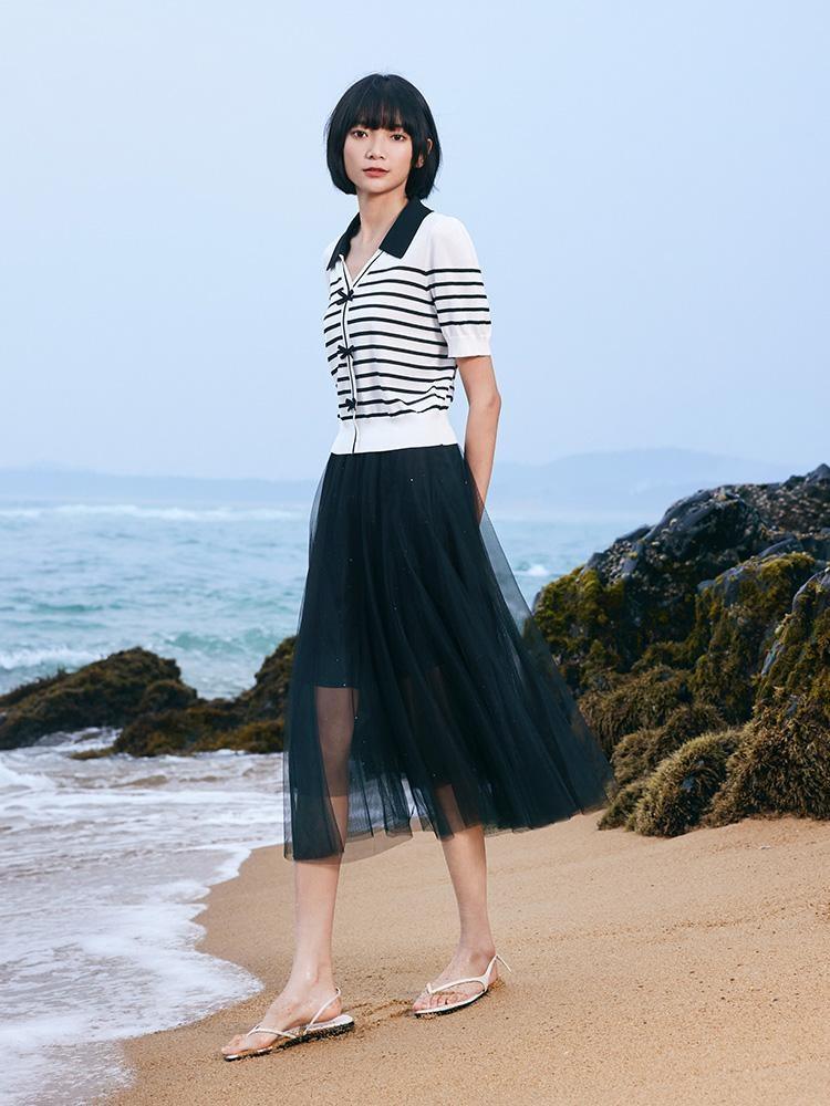 Two-Piece Set Knitted Cardigan And Tulle Skirt GOELIA