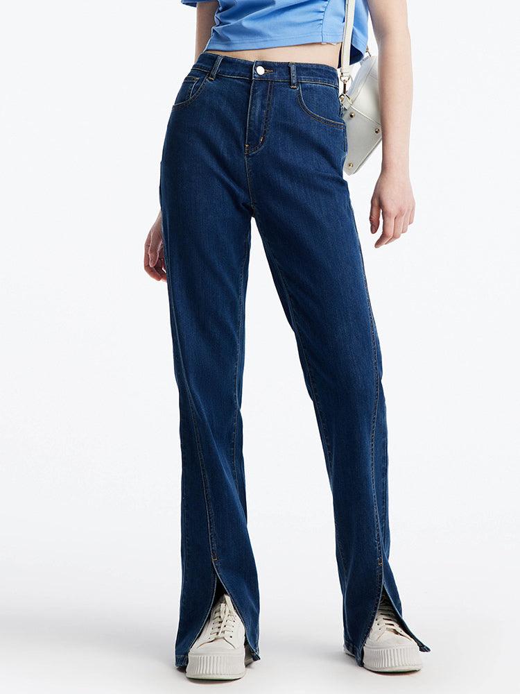 Slant Slit Denim Straight Leg Full Length Jeans GOELIA