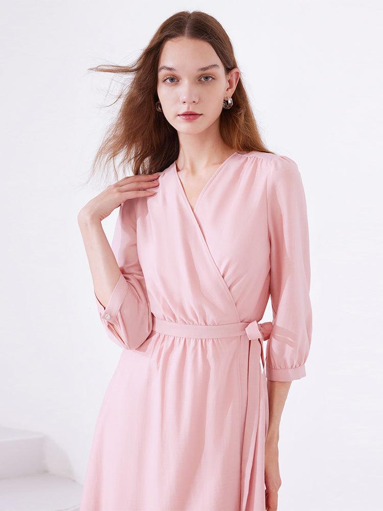 Pink V-neck Flowy Wrap Dress GOELIA