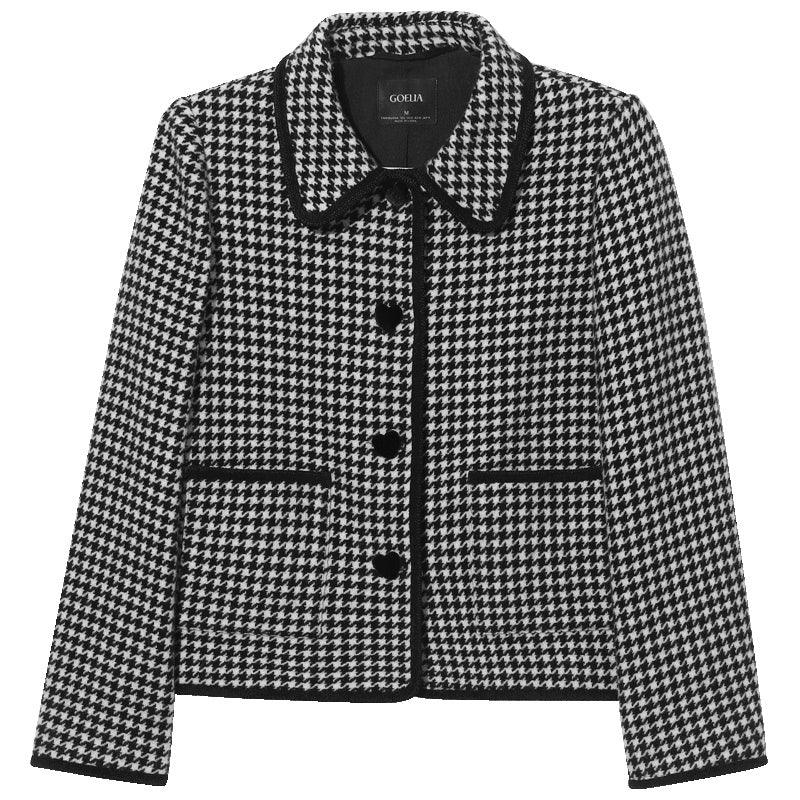 Black&white Woolen Houndstooth Crop Coat GOELIA