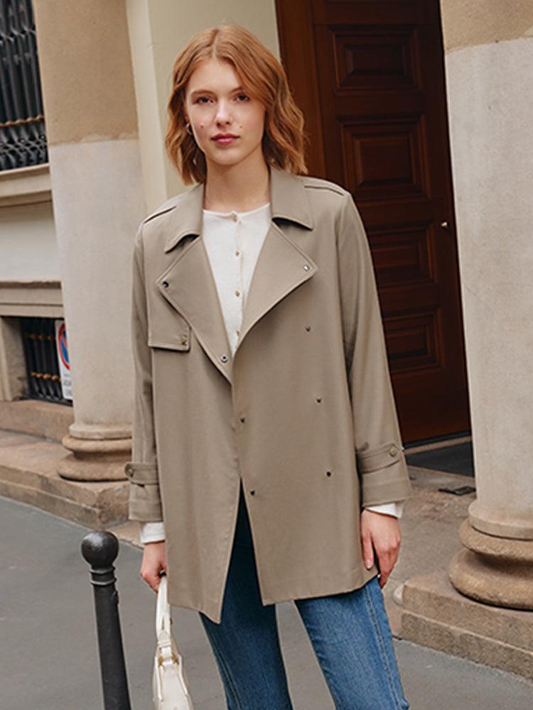 Dusty Olive Worsted Wool Lapel Crop Trench Coat GOELIA