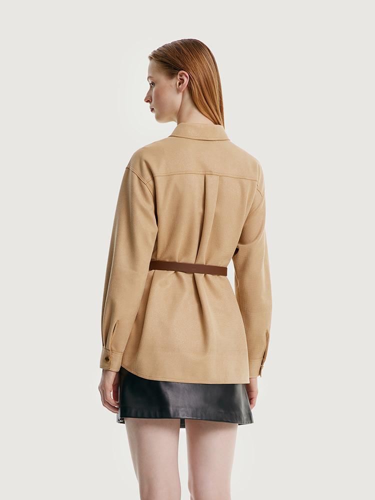 Faux Suede Coat With Leather Belt GOELIA