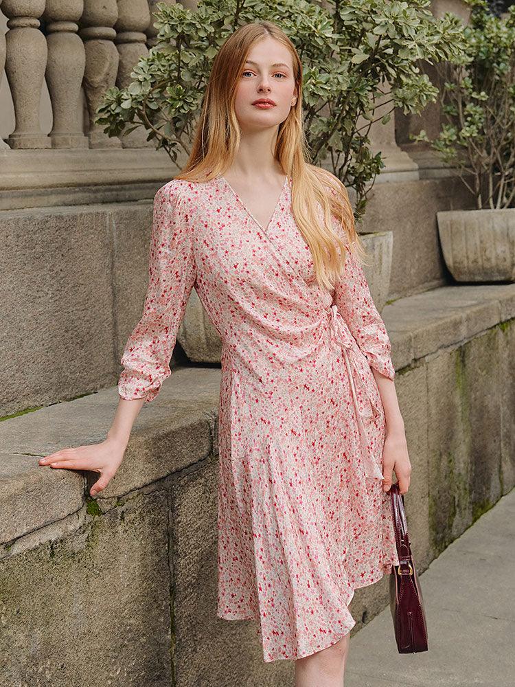 Pink Floral Hidden Button Wrap Dress GOELIA