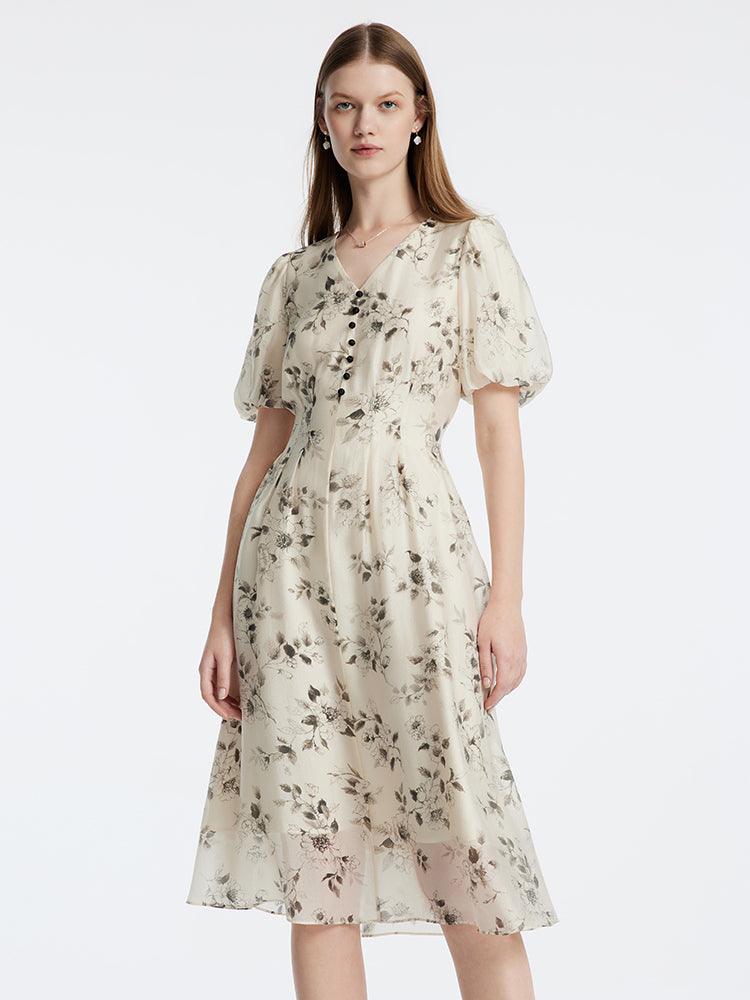 Floral Ink Painting V-Neck Waist-Skimming Dress GOELIA