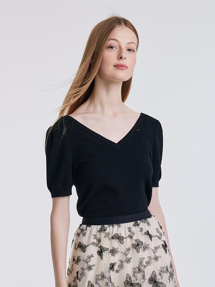 Black Knitted Tops With Bow GOELIA