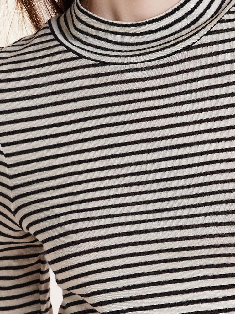 Washable Wool Striped Mock Neck Slim Sweater GOELIA