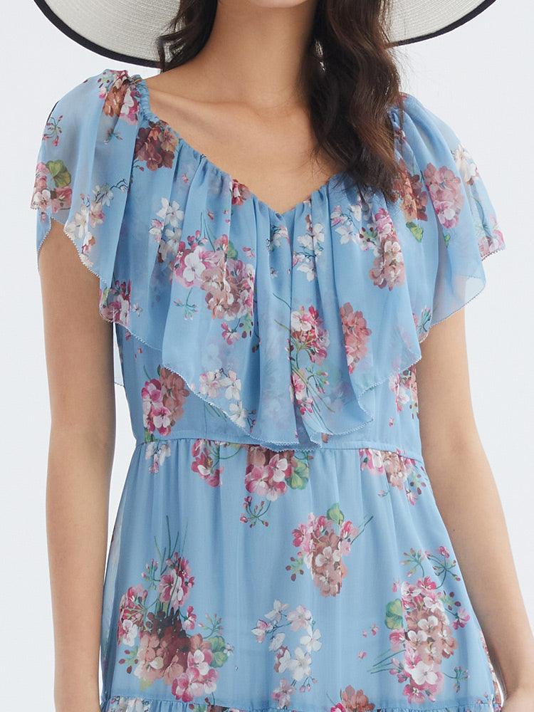 Printed Ruffle Neck Dress GOELIA