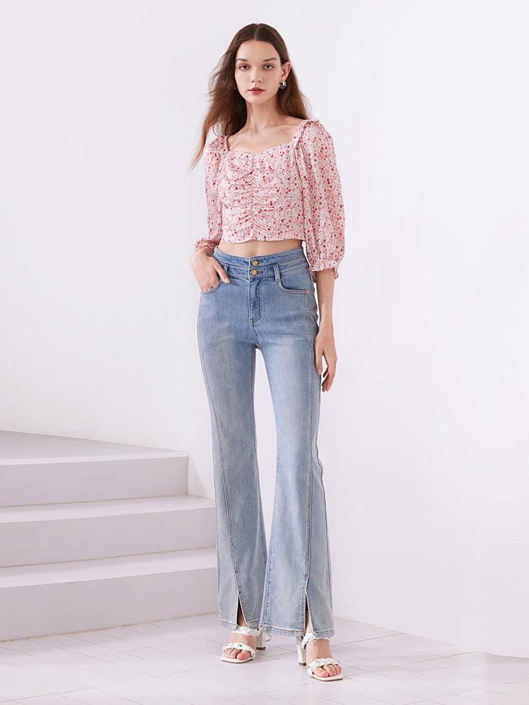 Pink Floral Puff Sleeve Top GOELIA